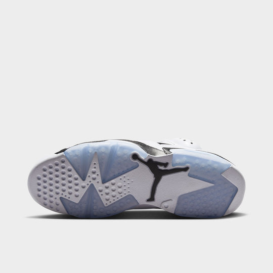 Jordan 6 Retro GS. Sole view showing the icy translucent outsole with black and grey traction zones and Jumpman branding.