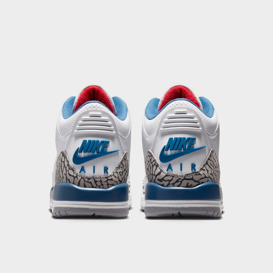 Jordan 3 Retro GS. Rear view of White, Varsity Red, and True Blue sneaker with Nike branding on heel.