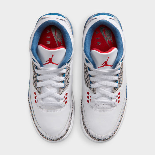 Jordan 3 Retro GS. Top view of White, Varsity Red, and True Blue sneaker with embroidered Jumpman logo on tongue.