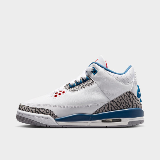 Jordan 3 Retro GS. Side view of White, Varsity Red, and True Blue sneaker with visible Air unit.