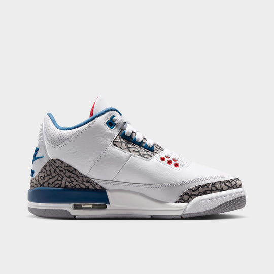 Jordan 3 Retro GS. Side view of White, Varsity Red, and True Blue sneaker with visible Air unit.