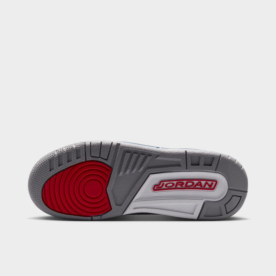 Jordan 3 Retro GS. Bottom view of White, Varsity Red, and True Blue sneaker with Jordan branding on sole and tread.