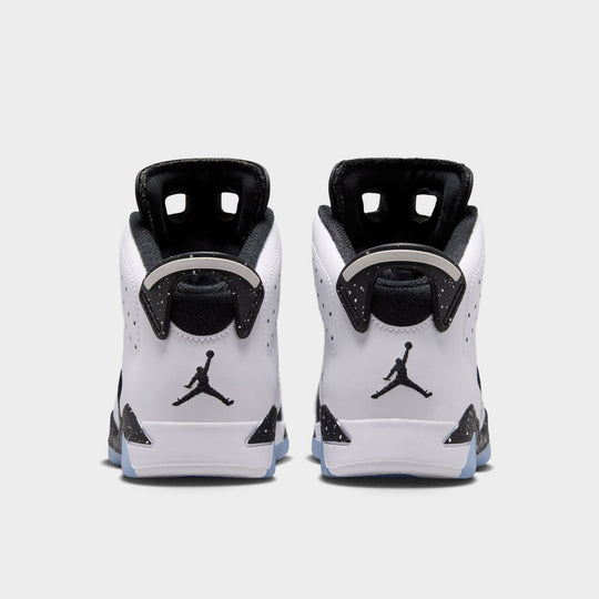 Jordan 6 Retro GS. Rear view of the pair in white, chrome and black showing the heel tabs and back branding details.