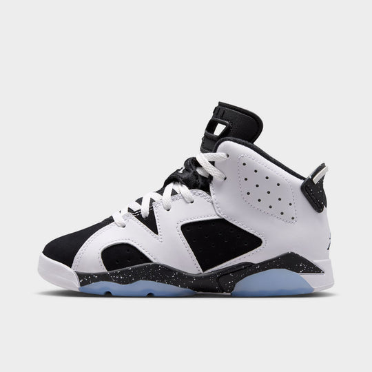 Jordan 6 Retro GS. Side view of the sneaker in white, chrome and black with perforated leather panels, black overlays and an icy translucent outsole.