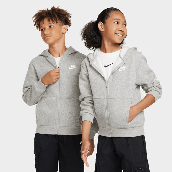 Nike Sportswear Juniors' Club Fleece Full Zip Hoodie Dark Grey Heather /  Base Grey - White