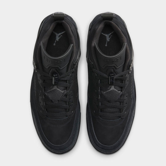 Jordan Spizike Low. Top view of black and anthracite sneakers showing black laces, padded tongues and dark interiors.