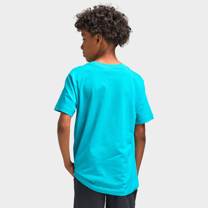 Nike Juniors' Futura T-Shirt. Upper body rear model view showing the back of the energy green turquoise cotton shortsleeve t-shirt, ribbed crewneck collar, set-in sleeves, and straight hem.