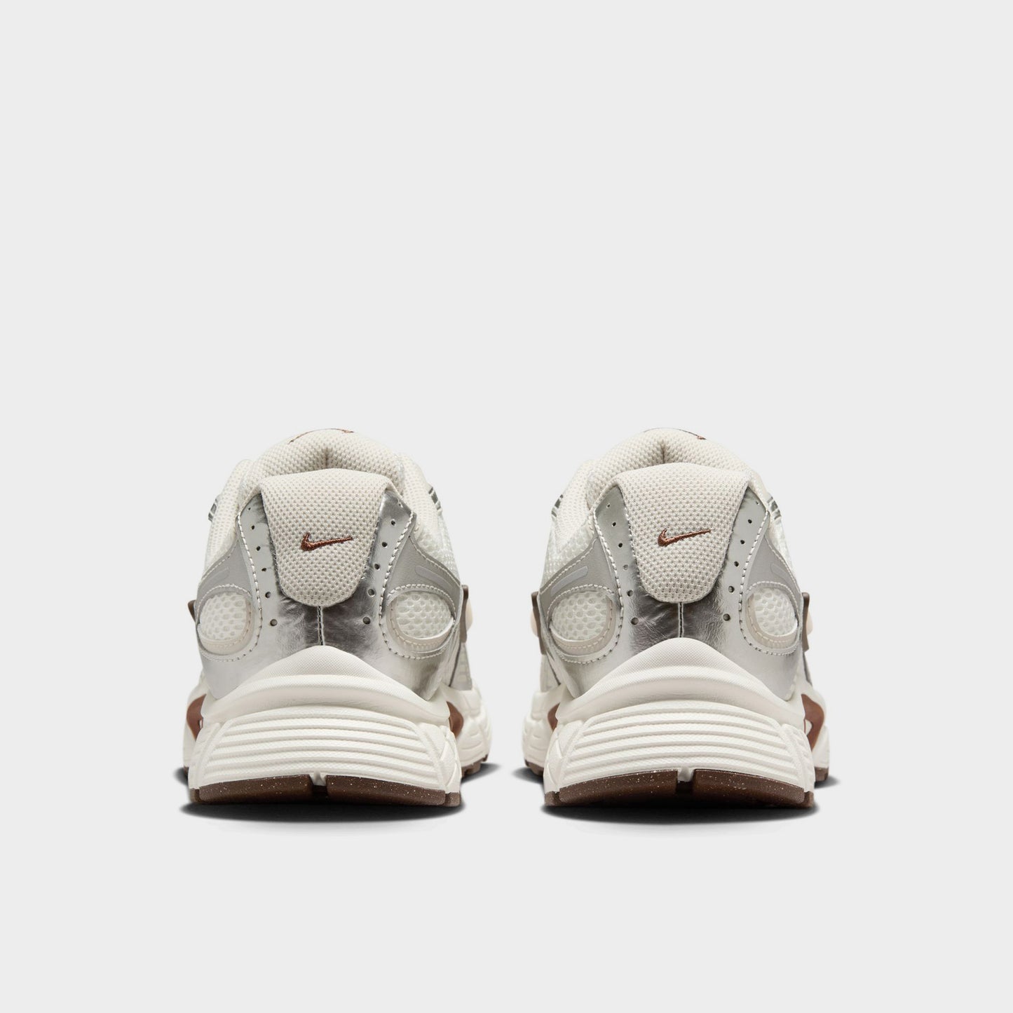 Nike Women's V5 RNR Salt / Light Orewood Brown - Fauna Brown rear view, cream sneakers showing layered heel panels and brown outsole accents.
