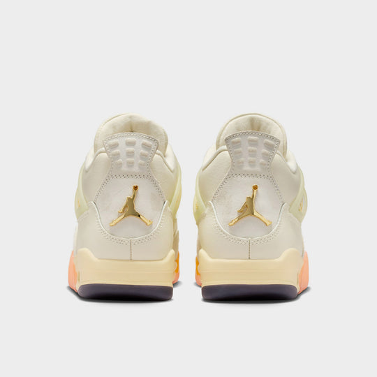 Jordan Women’s 4 Retro. Rear view of Coconut Milk, Muslin, and Bright Mango sneakers with metallic Jumpman logo on heel.