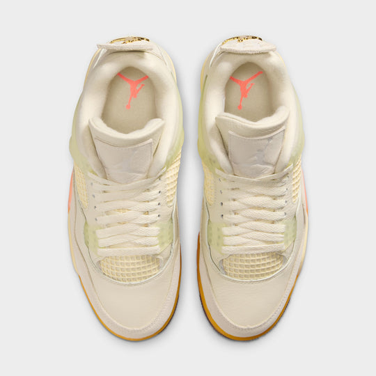Jordan Women’s 4 Retro. Top view of Coconut Milk, Muslin, and Bright Mango sneakers with metallic Jumpman logo on heel.