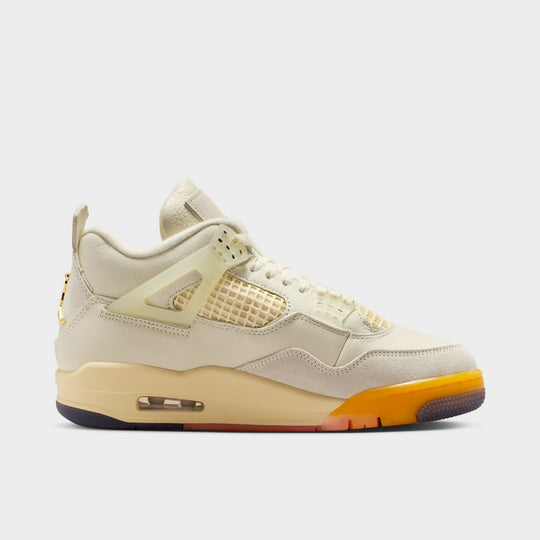 Jordan Women’s 4 Retro. Side view of Coconut Milk, Muslin, and Bright Mango sneakers with an Encapsulated Air-Sole unit.