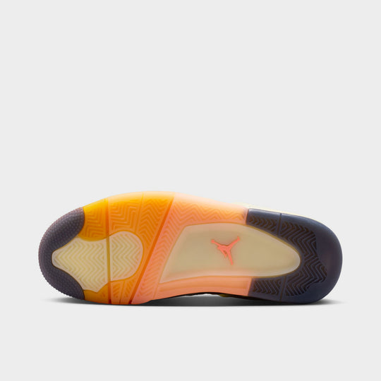 Jordan Women’s 4 Retro. Bottom view of Coconut Milk, Muslin, and Bright Mango sneakers with sole tread pattern.