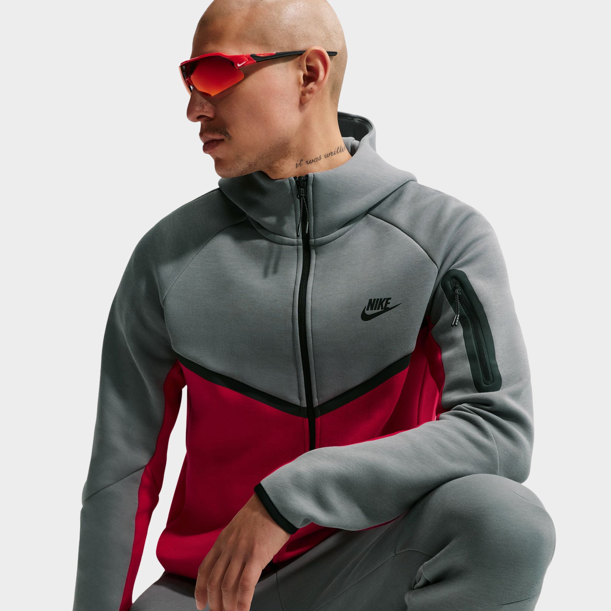 Nike Tech Fleece Full-Zip Hoodie Smoke Grey / Fire Red - Black