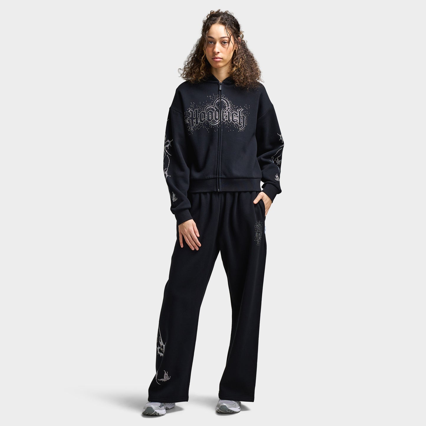 Hoodrich Women's Diffuse Mid Length Zip Hoodie Black / Silver Rhinestones