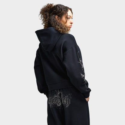 Hoodrich Women's Diffuse Mid Length Zip Hoodie Black / Silver Rhinestones