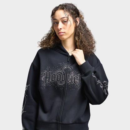 Hoodrich Women's Diffuse Mid Length Zip Hoodie Black / Silver Rhinestones