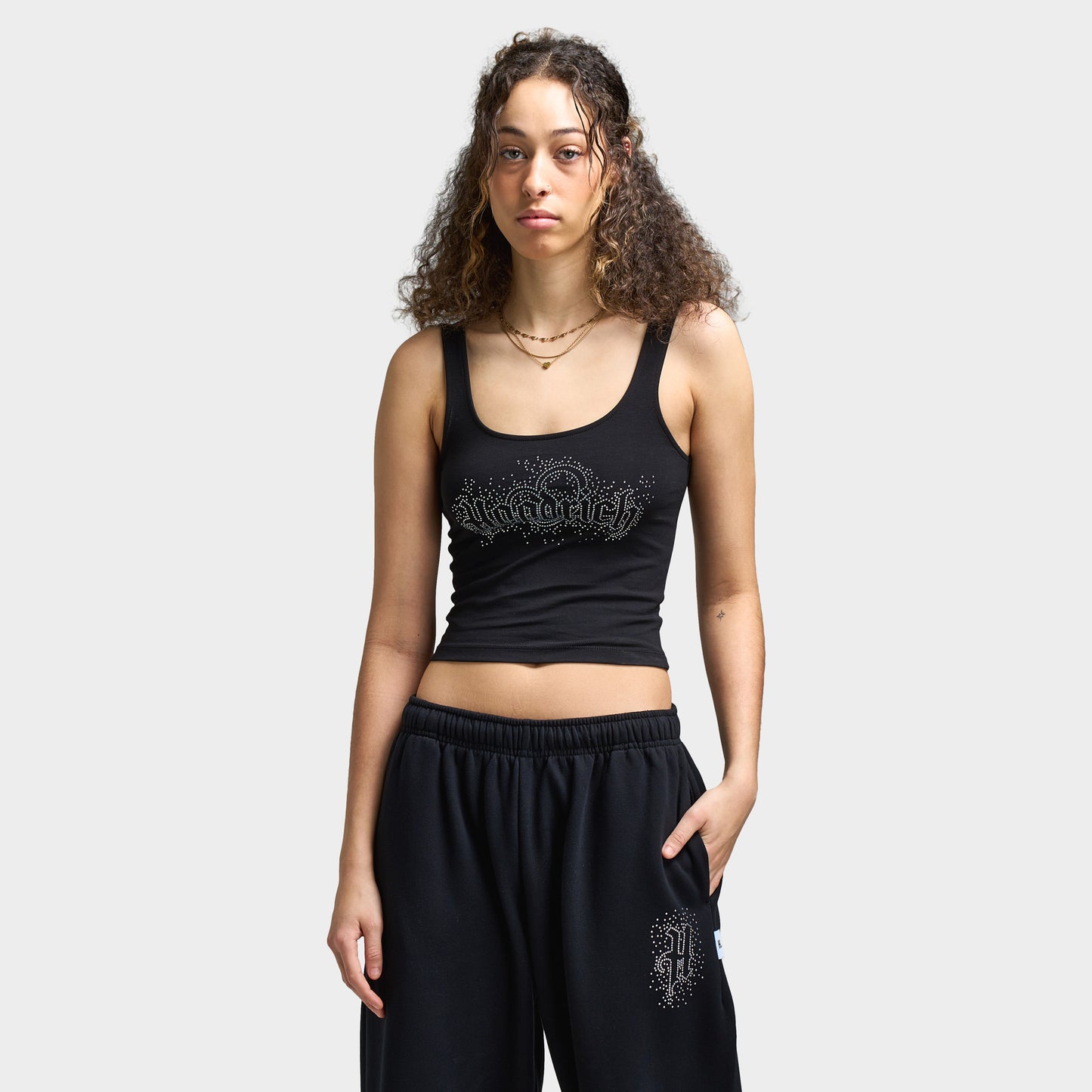 Hoodrich Femme Gilet à bretelles Diffuse Noir / Strass argenté
