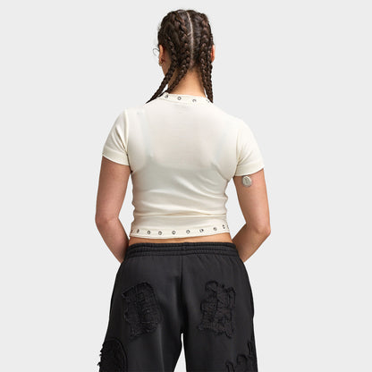 Hoodrich Baya Raw Hem Eyelet Fitted T-Shirt / White Alyssum