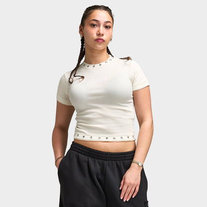 Hoodrich Baya Raw Hem Eyelet Fitted T-Shirt / White Alyssum
