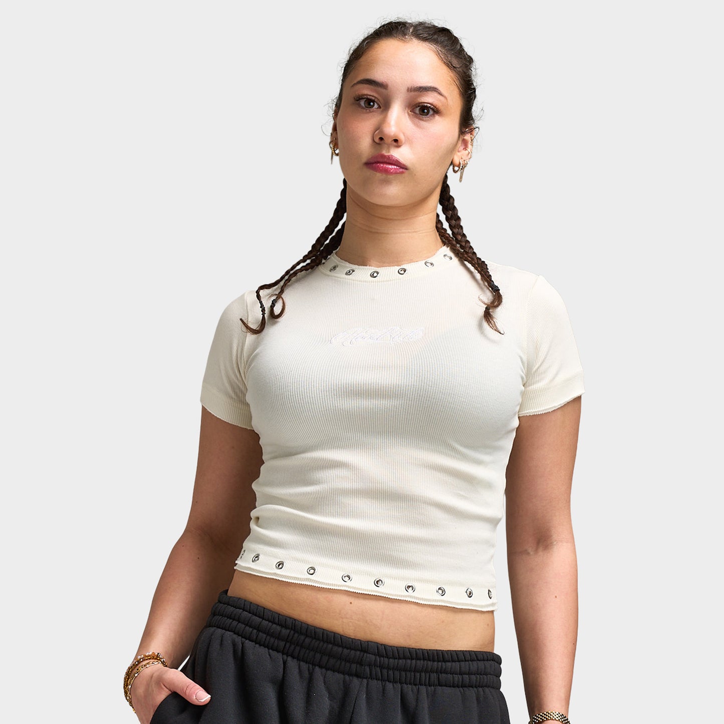 Hoodrich Baya Raw Hem Eyelet Fitted T-Shirt / White Alyssum