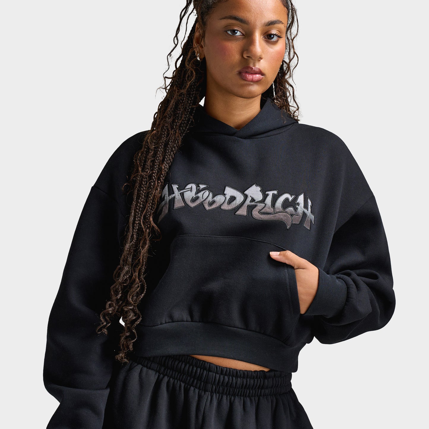 Hoodrich Women's Boxy Hoodie With Satin Applique Black / Black Satin