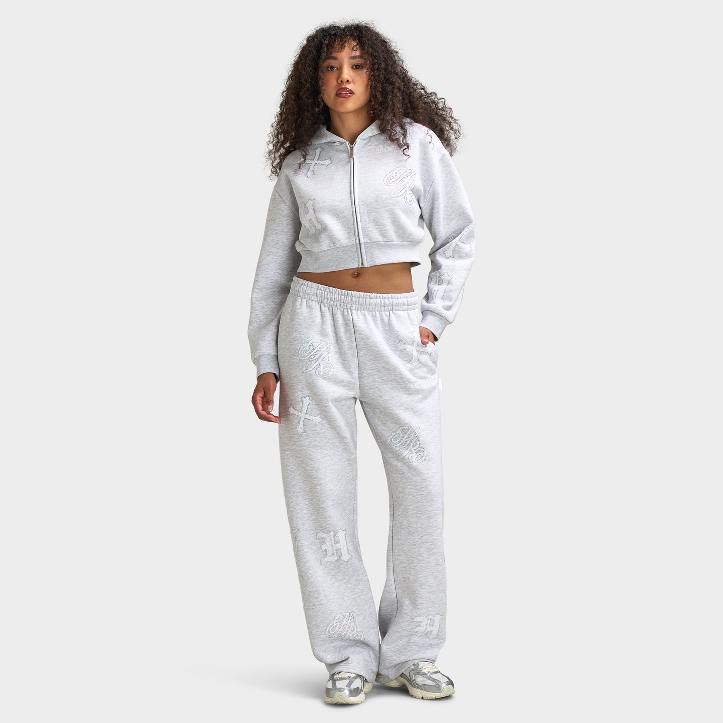 Hoodrich Scarlet Cropped Zip Hoodie Light Grey Marl / White - Iridescent Rhinestone