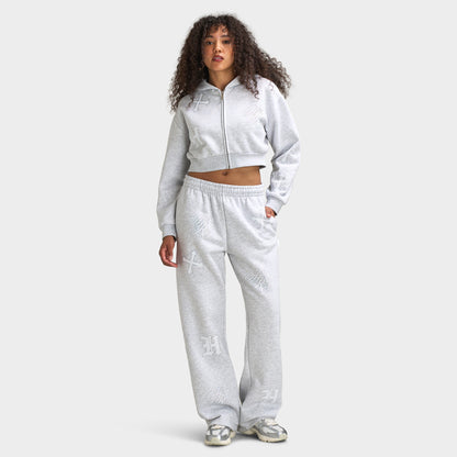 Hoodrich Scarlet Cropped Zip Hoodie Light Grey Marl / White - Iridescent Rhinestone