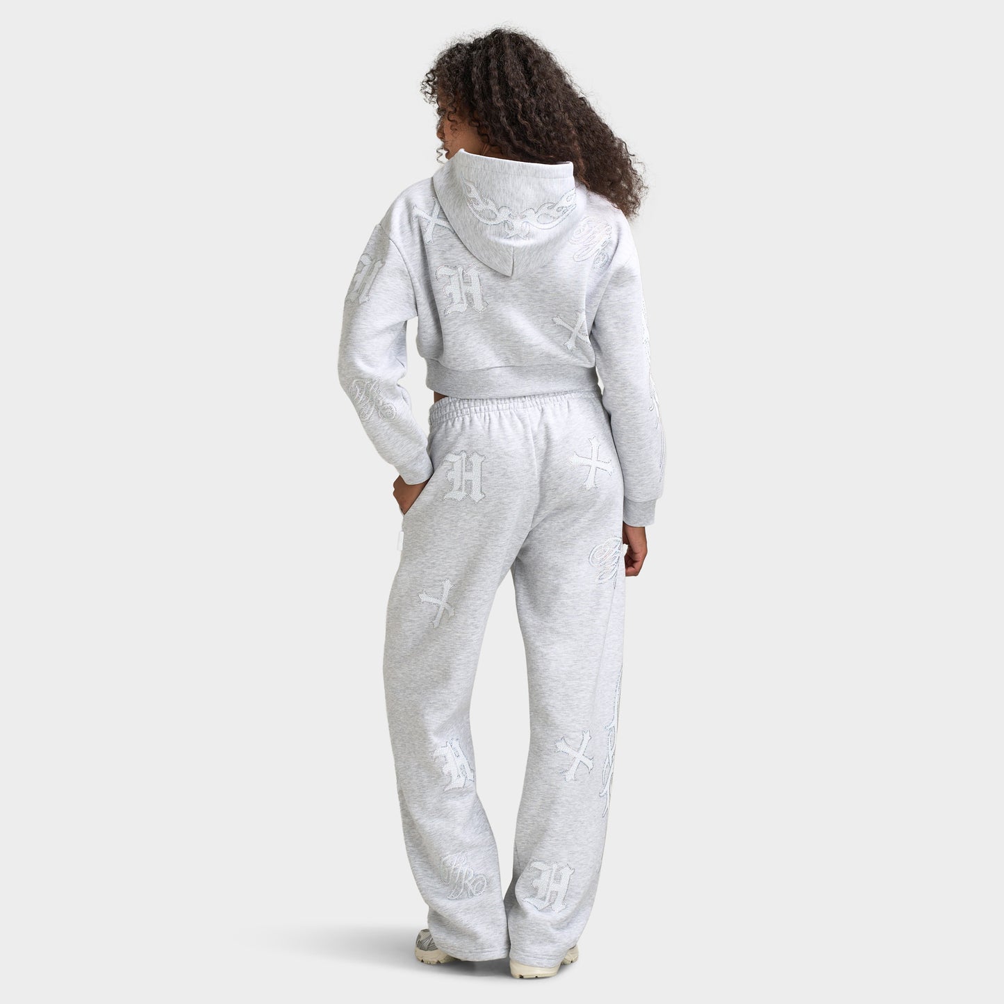 Hoodrich Scarlet Cropped Zip Hoodie Light Grey Marl / White - Iridescent Rhinestone