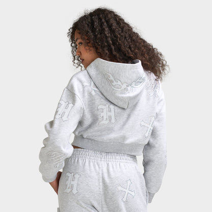 Hoodrich Scarlet Cropped Zip Hoodie Light Grey Marl / White - Iridescent Rhinestone
