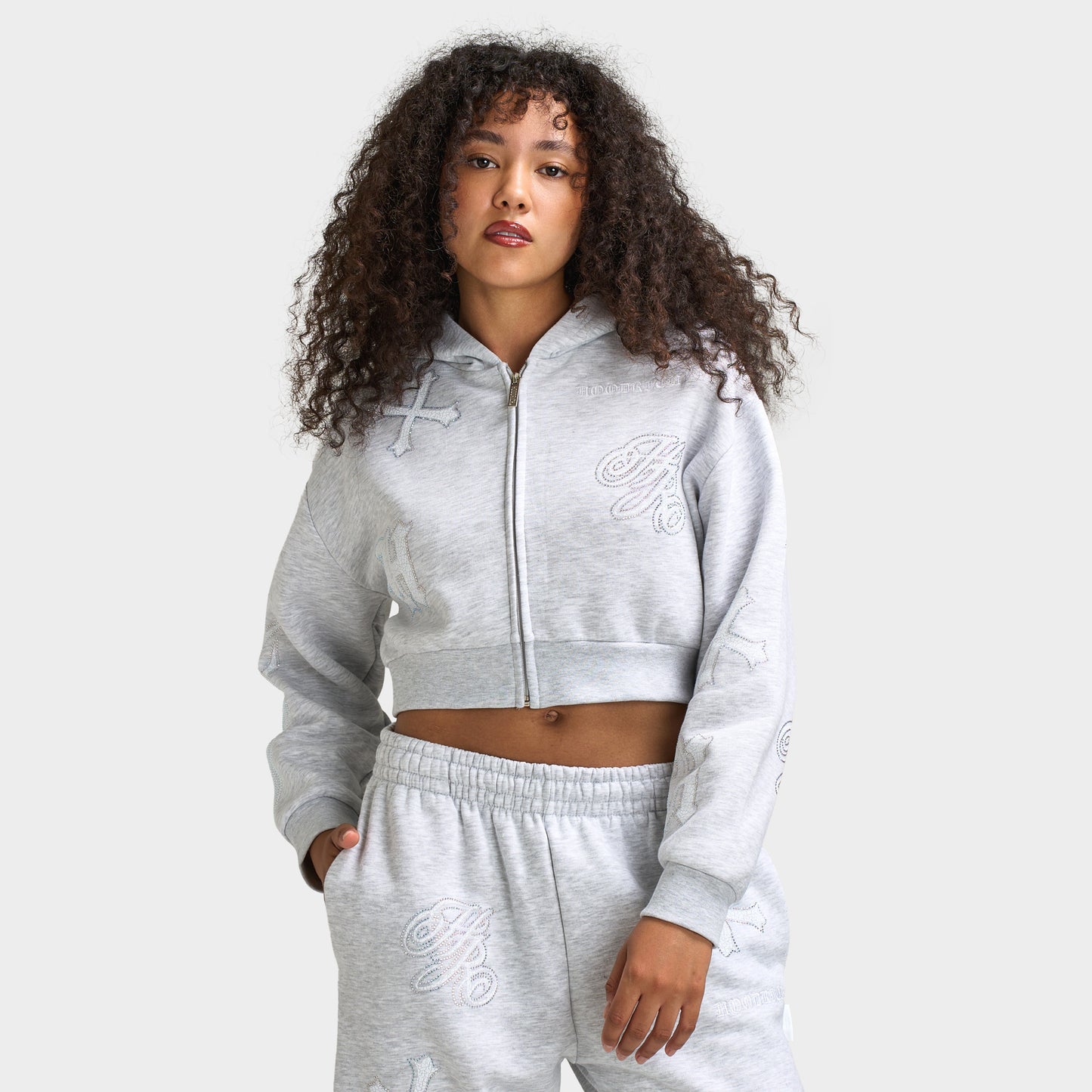Hoodrich Scarlet Cropped Zip Hoodie Light Grey Marl / White - Iridescent Rhinestone