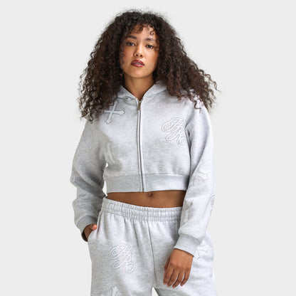 Hoodrich Scarlet Cropped Zip Hoodie Light Grey Marl / White - Iridescent Rhinestone