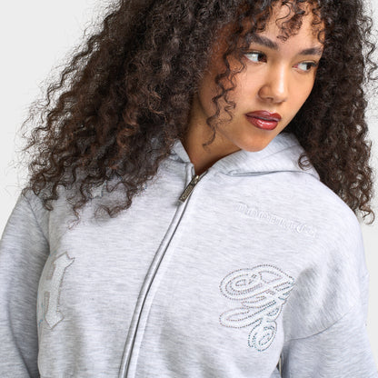 Hoodrich Scarlet Cropped Zip Hoodie Light Grey Marl / White - Iridescent Rhinestone