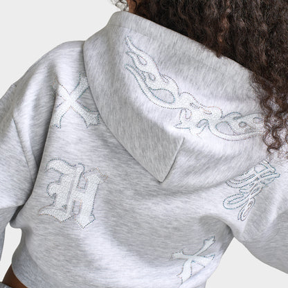 Hoodrich Scarlet Cropped Zip Hoodie Light Grey Marl / White - Iridescent Rhinestone
