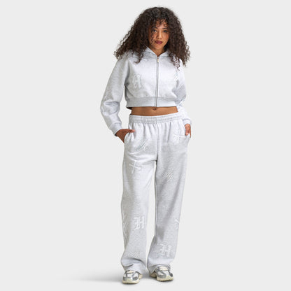 Hoodrich Scarlet Wide Leg Jogger Light Grey Marl / White - Iridescent Rhinestones