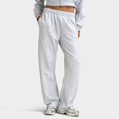 Hoodrich Scarlet Wide Leg Jogger Light Grey Marl / White - Iridescent Rhinestones
