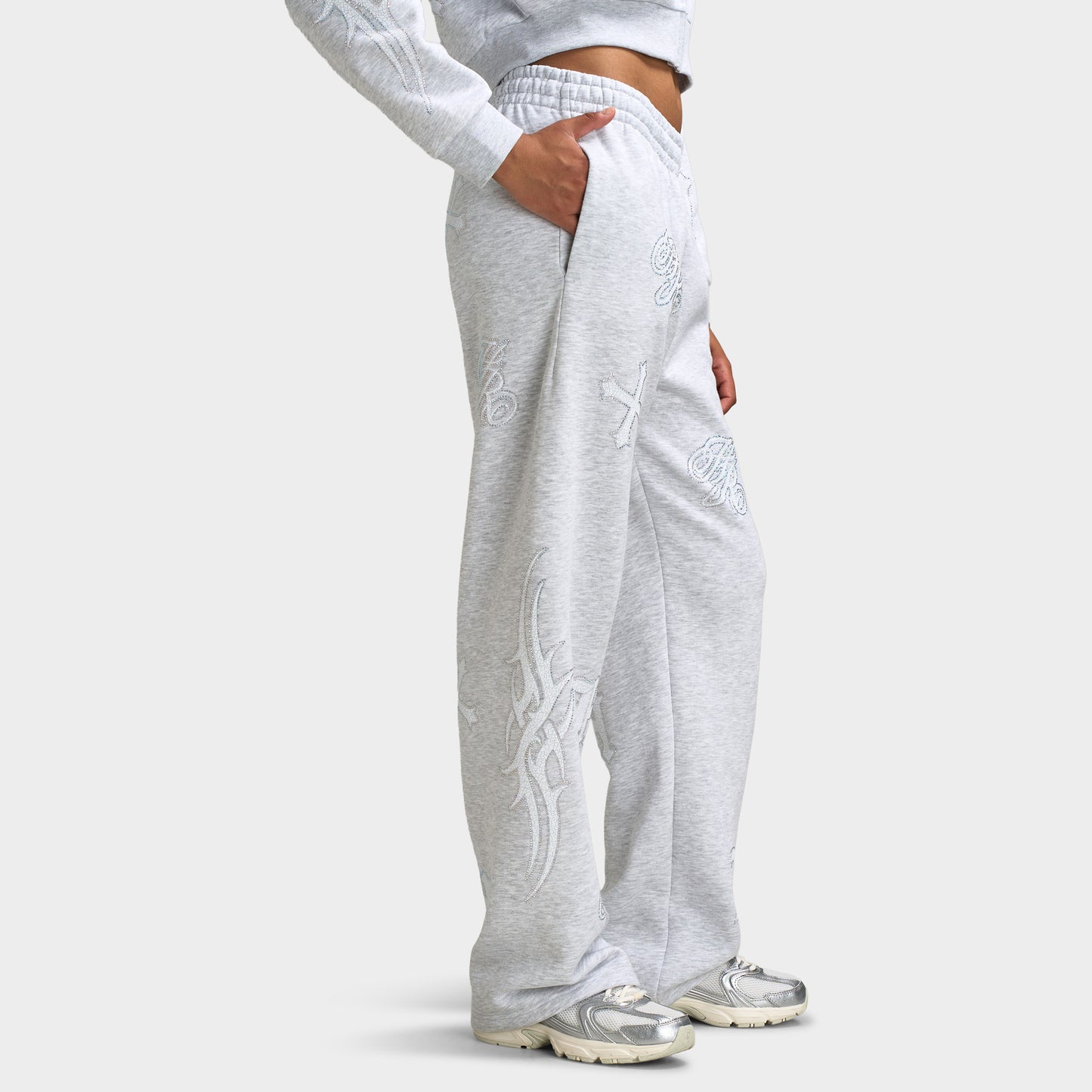 Hoodrich Scarlet Wide Leg Jogger Light Grey Marl / White - Iridescent Rhinestones