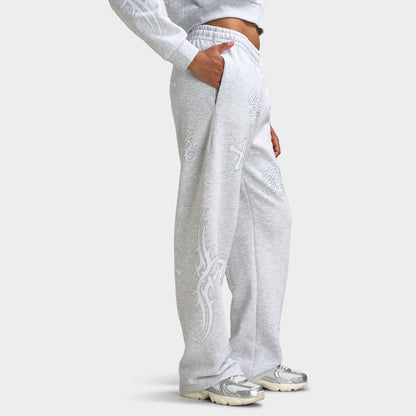 Hoodrich Scarlet Wide Leg Jogger Light Grey Marl / White - Iridescent Rhinestones