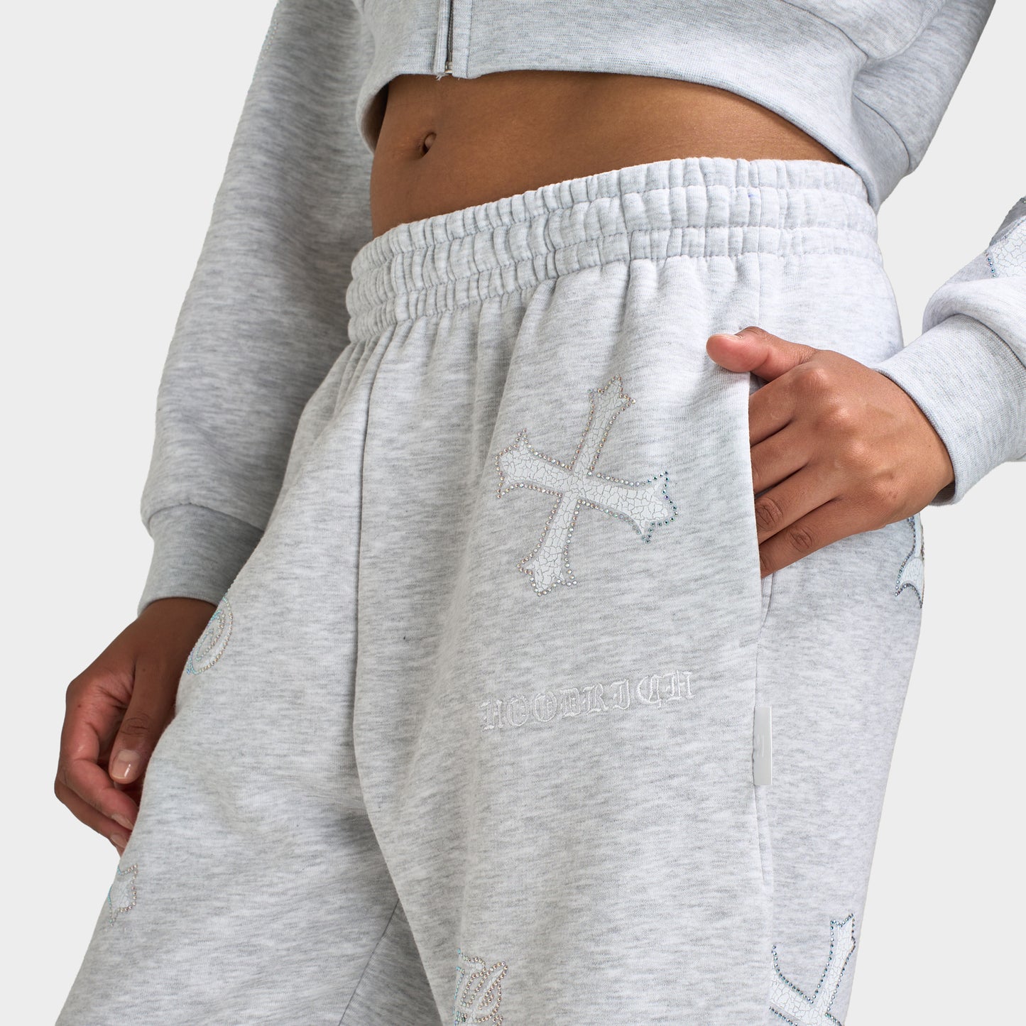 Hoodrich Scarlet Wide Leg Jogger Light Grey Marl / White - Iridescent Rhinestones