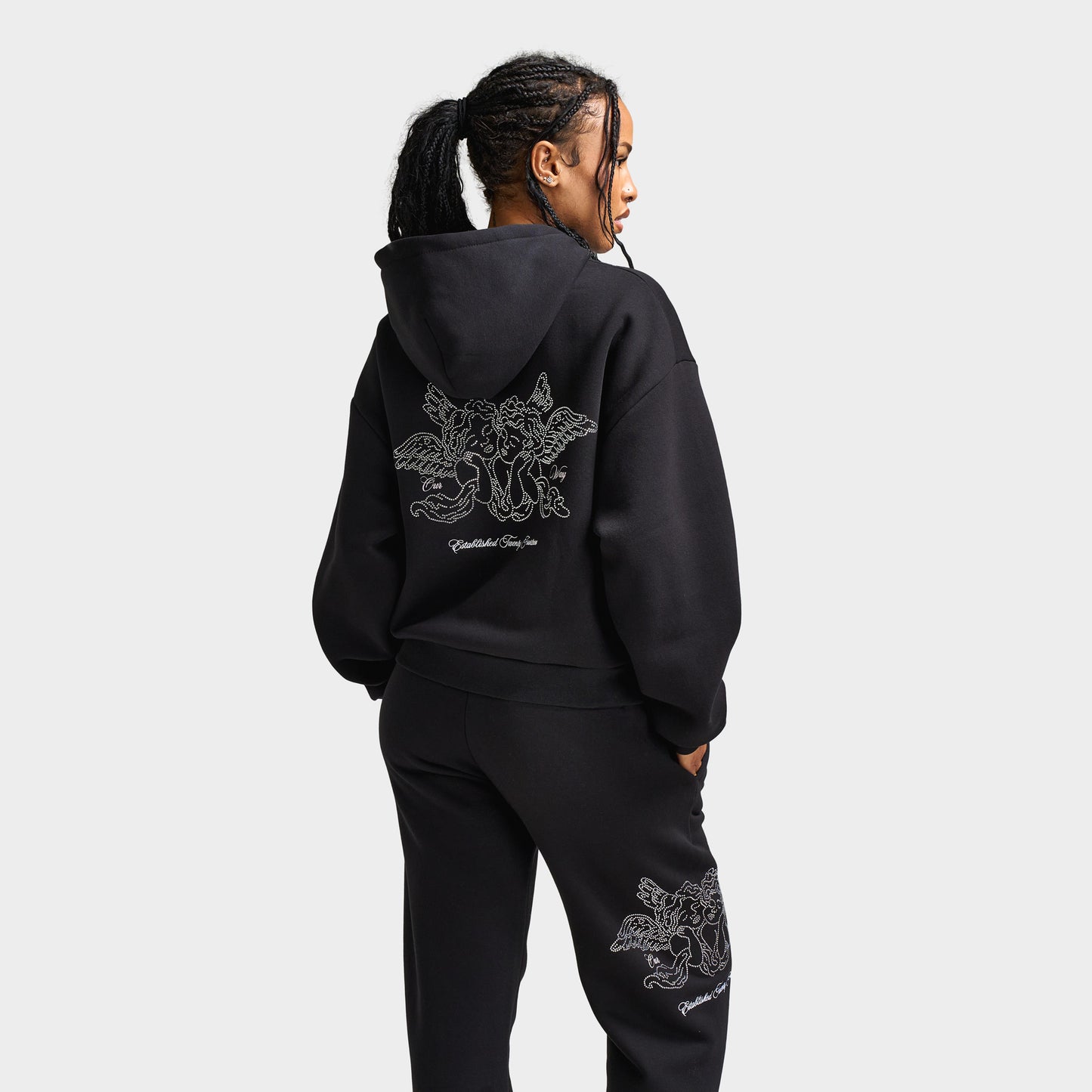 Hoodrich Women's Cherish Mid Length Full Zip Hoodie Black / White - Festival Bloom