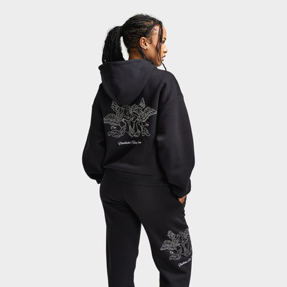 Hoodrich Women's Cherish Mid Length Full Zip Hoodie Black / White - Festival Bloom