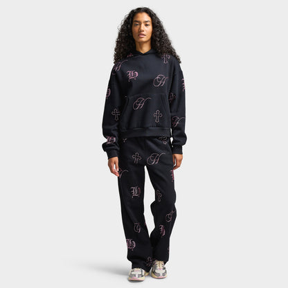 Hoodrich Women's Crystal Mid Legnth Hoodie Black / Pink Rhinestone