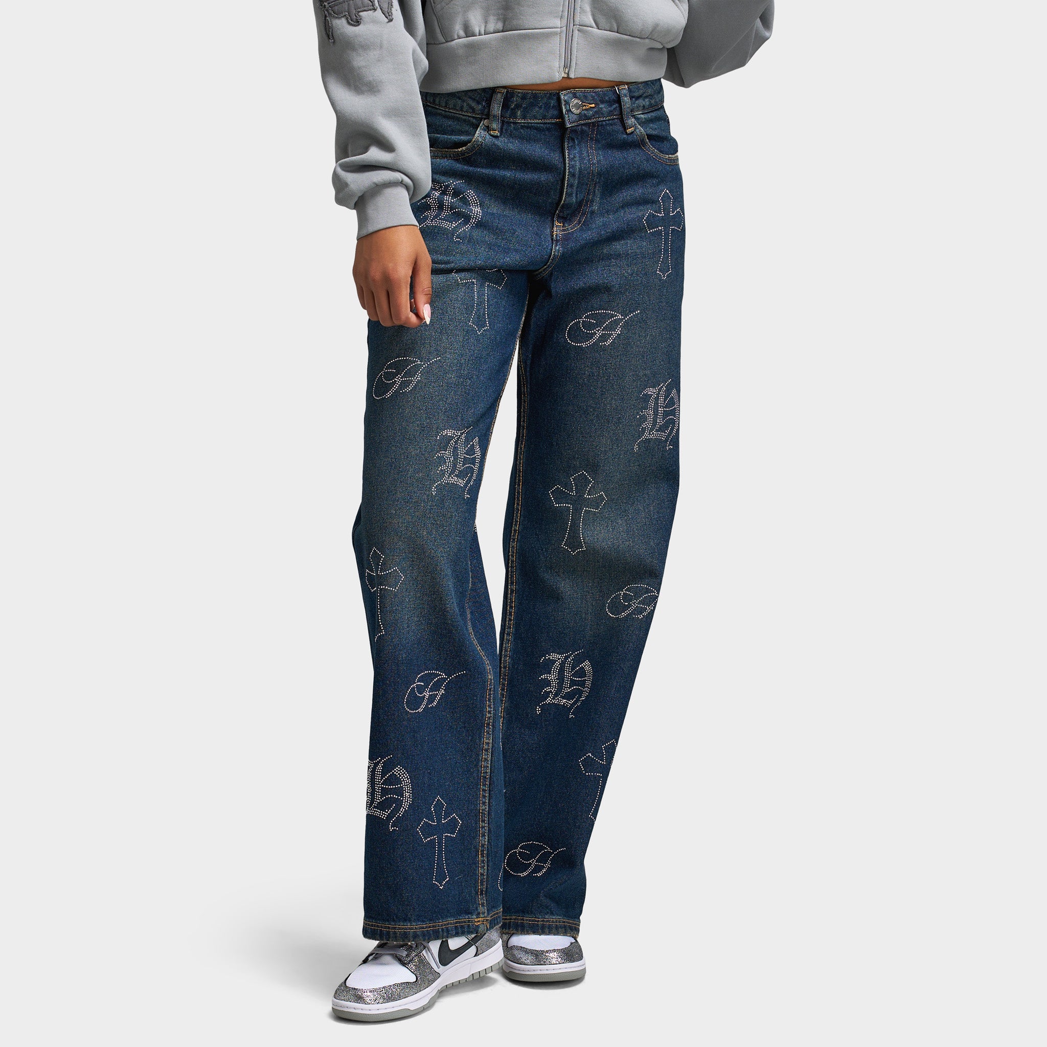 Hoodrich Women's Crystal Wide Leg Jeans Vintage Blue Wash / Silver