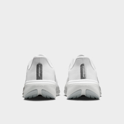 Nike Women's Pegasus 42. Rear view of white, metallic silver and wolf grey running shoes with padded heel panels and sculpted soles.