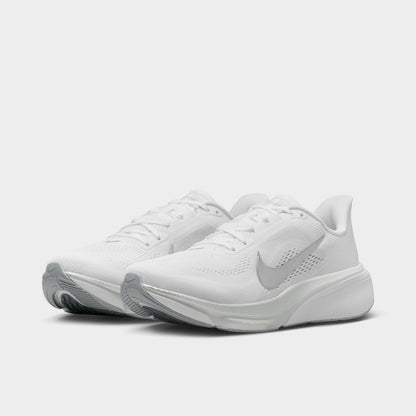 Nike Women's Pegasus 42. Three-quarter view of white, metallic silver and wolf grey running shoes with white laces, silver Swooshes and layered soles.