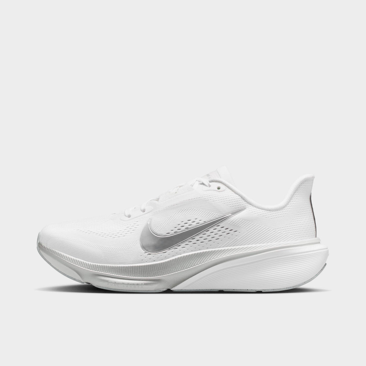 Nike Women's Pegasus 42. Side view of white, metallic silver and wolf grey running shoe with silver Swoosh, mesh upper and sculpted sole.
