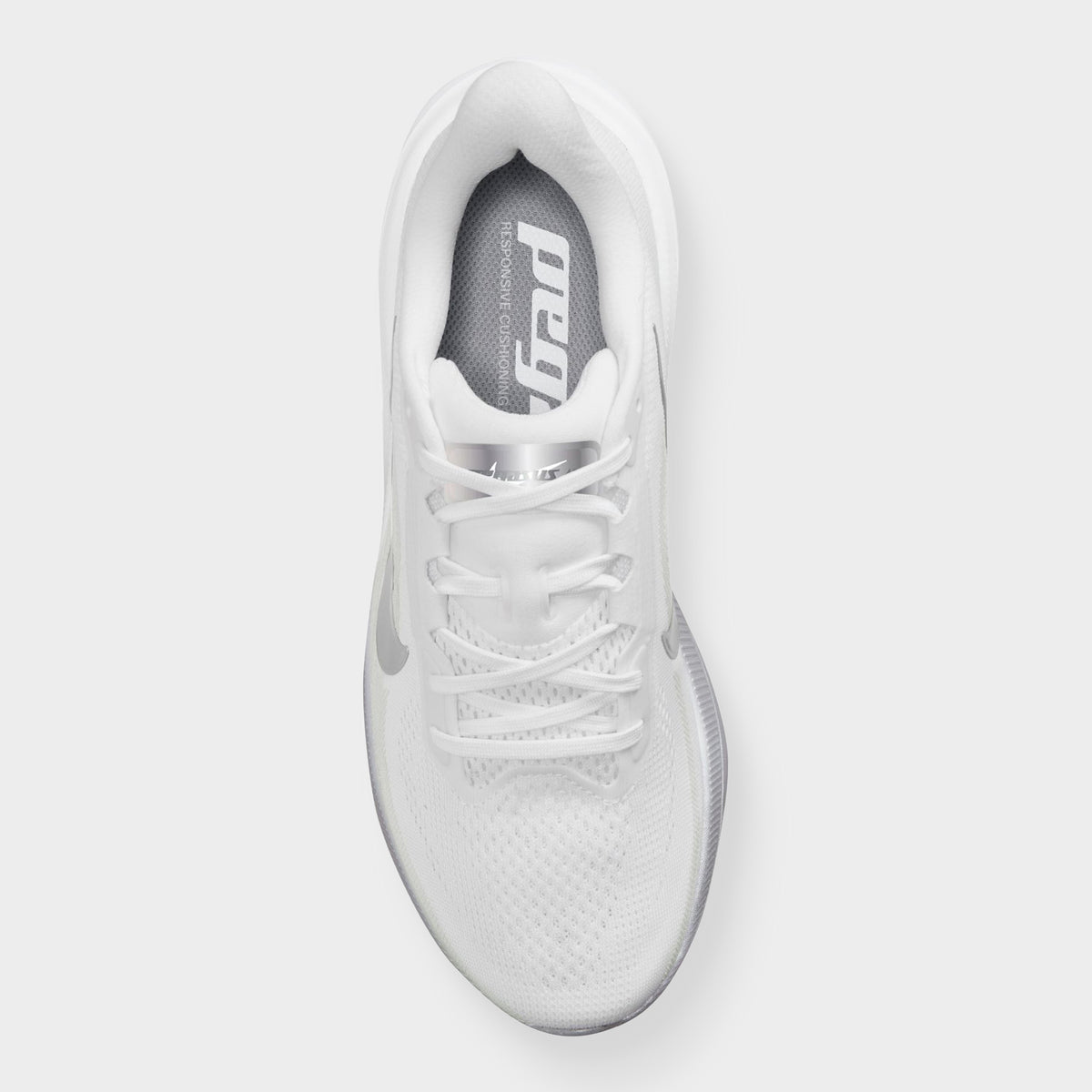 Nike Women's Pegasus 42. Top view of white, metallic silver and wolf grey running shoe showing white laces, padded tongue and branded insole.