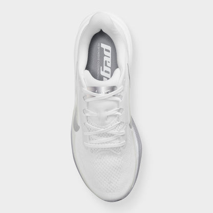 Nike Women's Pegasus 42. Top view of white, metallic silver and wolf grey running shoe showing white laces, padded tongue and branded insole.