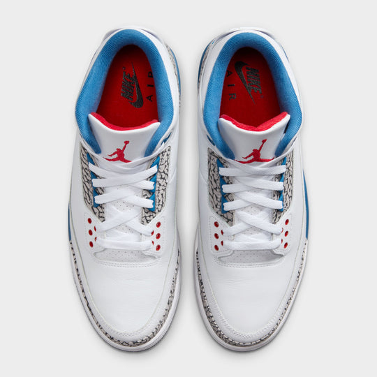 Jordan 3 Retro. Top view of White, True Blue, and Fire Red sneaker with embroidered Jumpman logo on tongue.