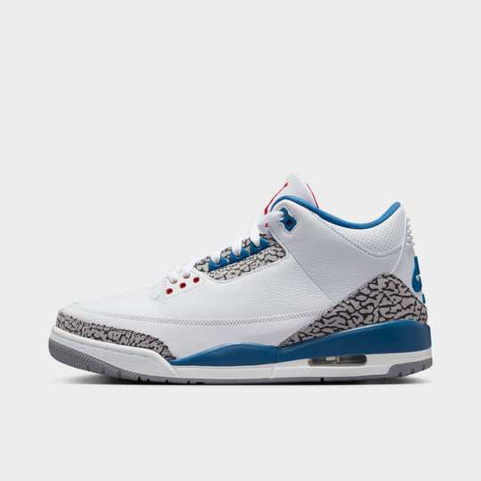 Jordan 3 Retro. Side view of White, True Blue, and Fire Red sneaker with visible Air unit.