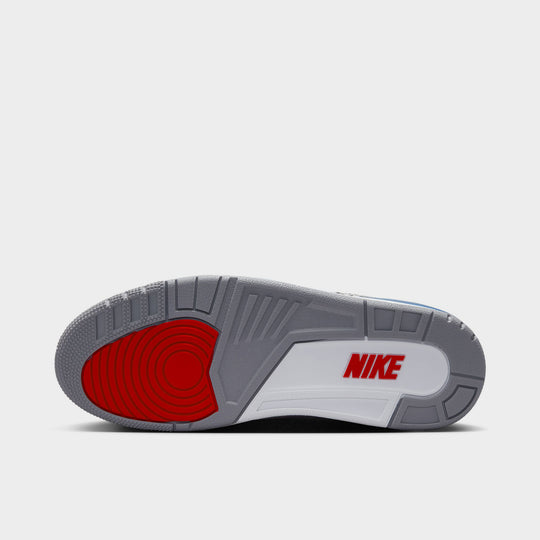 Jordan 3 Retro. Bottom view of White, True Blue, and Fire Red sneaker with tread and Nike branding on sole.